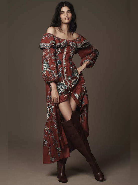 FARM Rio Dresses & Skirts - FARM Rio Rust Floral Off-Shoulder Maxi Dress with Teal Accents